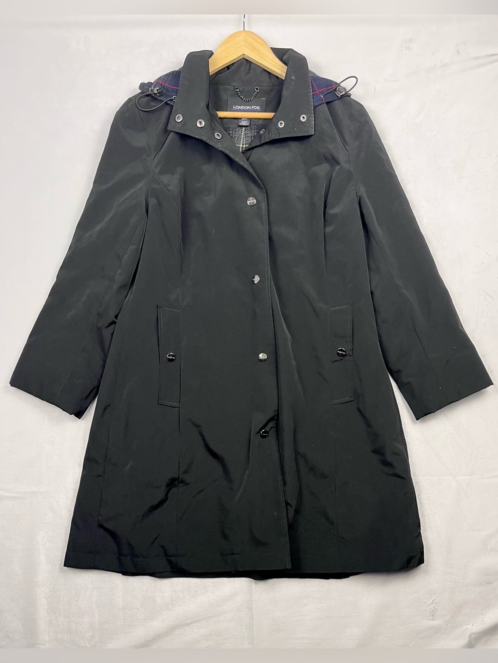London Fog Black Plaid Hooded Raincoat Classic A-Line Trench Coat Size Medium